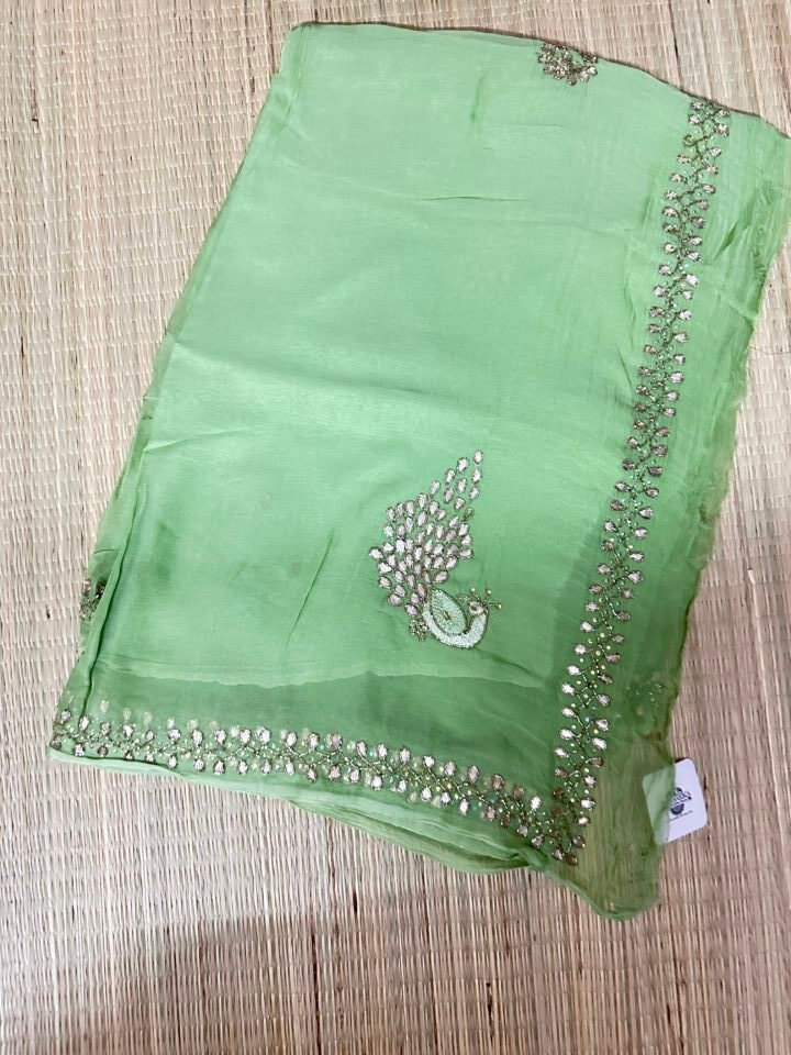 Parrot Green Geometric Chiffon Embriodery Synthetic Saree