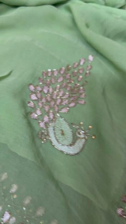 Exquisite Parrot Green Chiffon Saree Enhanced with Stunning Bugle Bead  Embellishments | Vervee Couture