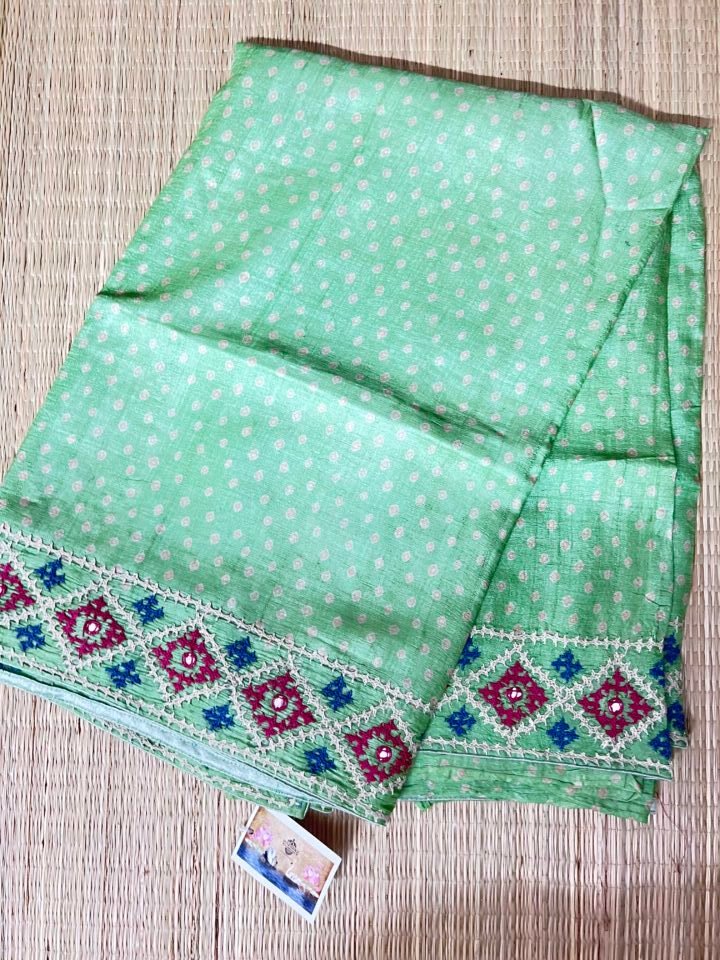 Kutch work Hand Embroidered Semi Tusshar Silk Saree - BIGSAREES