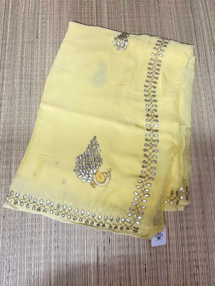 Mustard yellow chiffon saree with hand worked purple Blouse – Threads